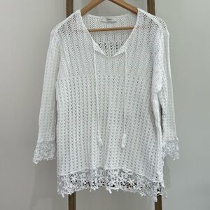 CJ Banks White Crochet Knit Blouse Lace Crochet Hem Cotton Size S/M
